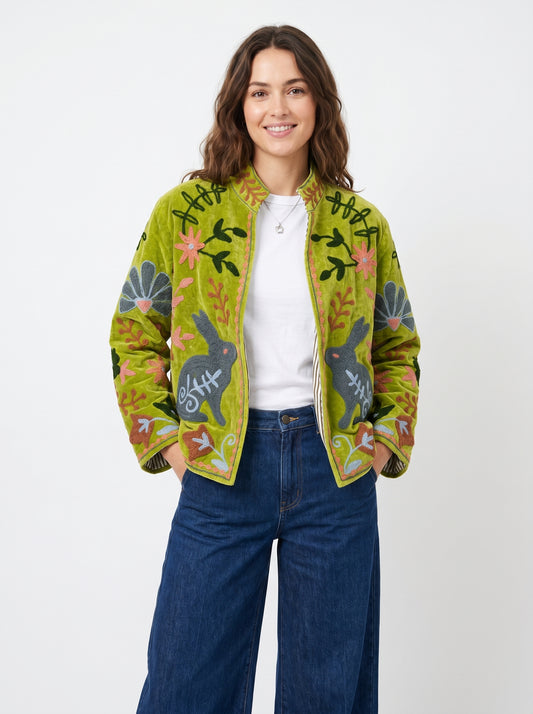 Women's Green Sunset 1030 Suzani Reversible Velvet Jacket – Artistic Embroidered Statement Jacket