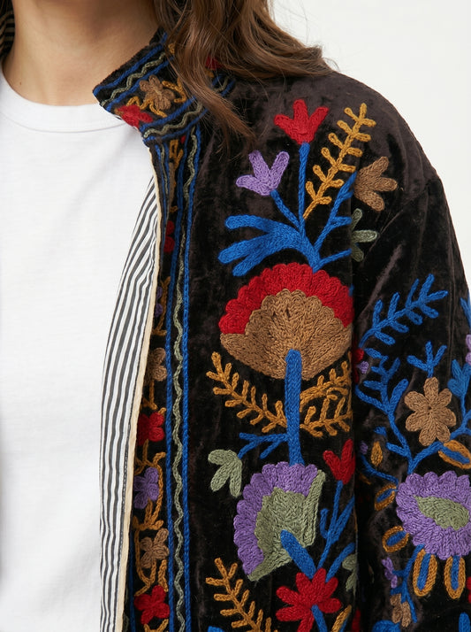 Women's Kiss in Dream 1044 Suzani Reversible Velvet Jacket – Artistic Embroidered Statement Jacket