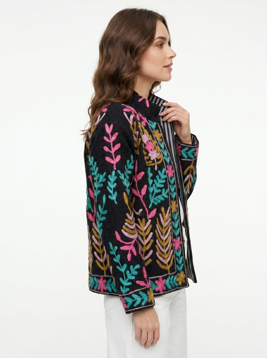 Women's Black Vine 1060 Suzani Reversible Velvet Jacket – Artistic Embroidered Statement Jacket