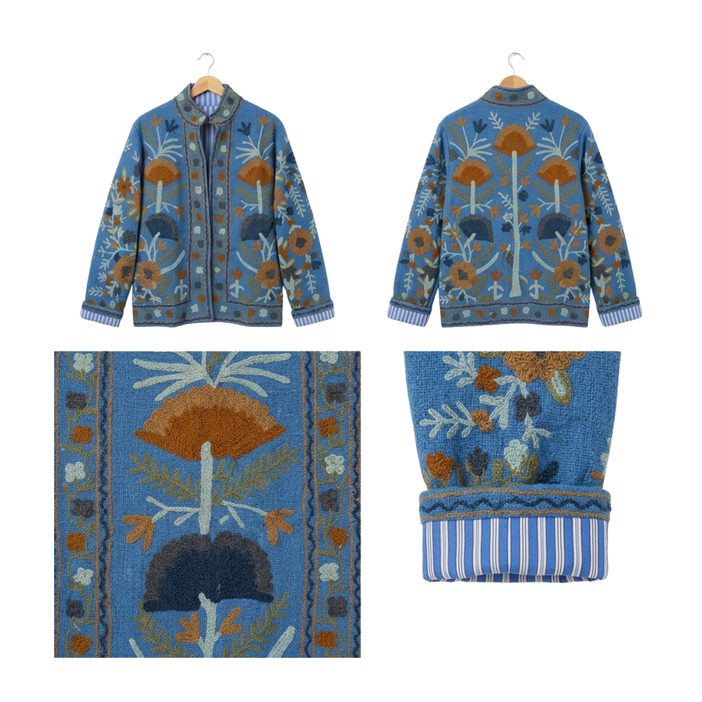 Royal Bloom Suzani Jacket – Women’s Blue Cotton Reversible Embroidered Floral Jacket