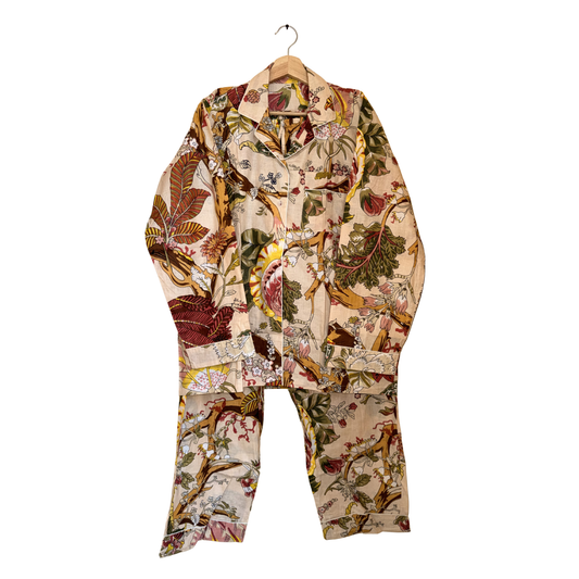 Women’s Beige Floral Print Cotton Night Suit Set – Elegant Two Piece Pajama Set