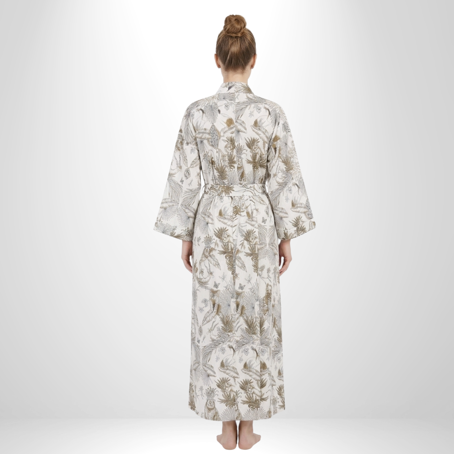 White jungle women's cotton kimono robe. Classic tropical
green foliage and white lightweight cotton housecoat.