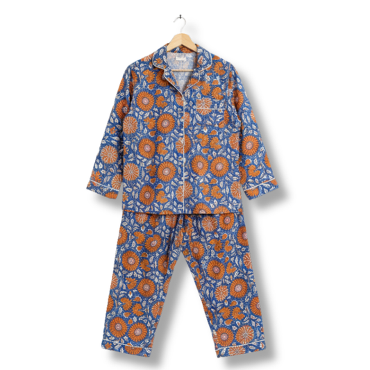 Women's Blue Orange Floral Print Cotton Night Suit Set – Elegant Two Piece Pajama Set
