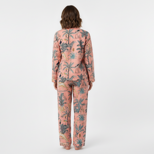 Women's Peach Safari Print Cotton Night Suit Set – Elegant Two Piece Pajama Set