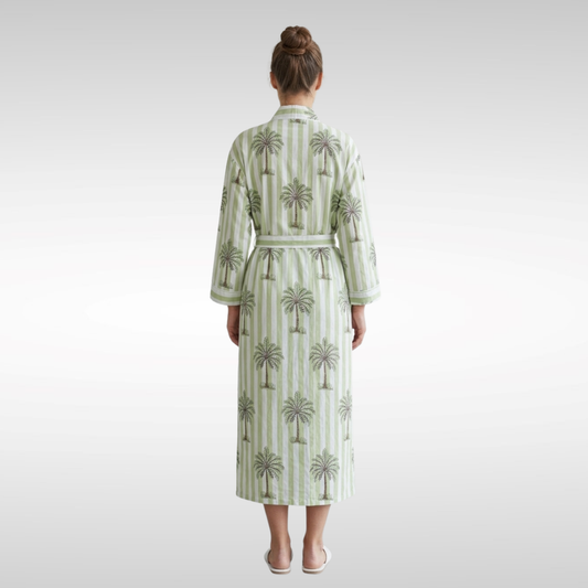 Midnight beach green palms women's green and white
cotton kimono. Tropical palm tree print lightweight cotton lounge robe.