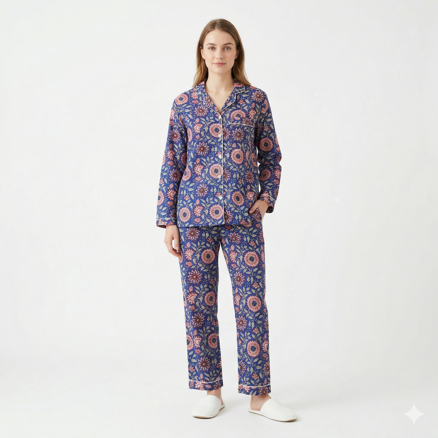 Women's Blue Pink Floral Cotton Night Suit Set – Elegant Two Piece Pajama Set