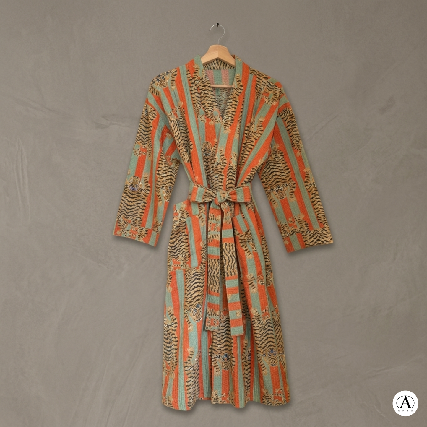Bold Orange & Green Stripe Tiger Waffle Bathrobe – Luxury Spa Robe