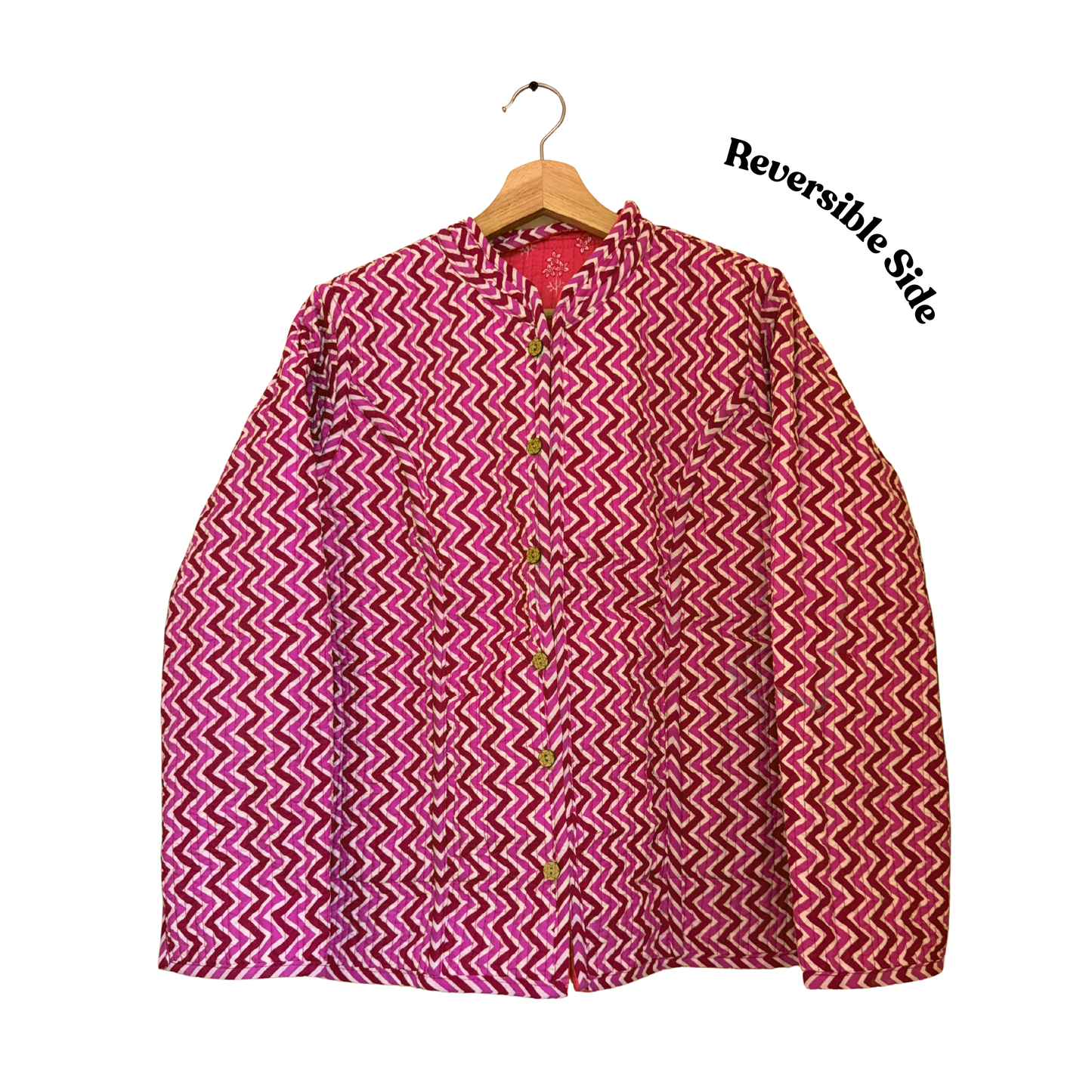 Pink Petal Vibes – Long Floral Cotton Quilted Reversible Jacket