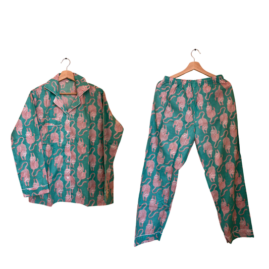 Women's Teal Tiger Tales Cotton Night Suit Set – Elegant Two Piece Pajama Set