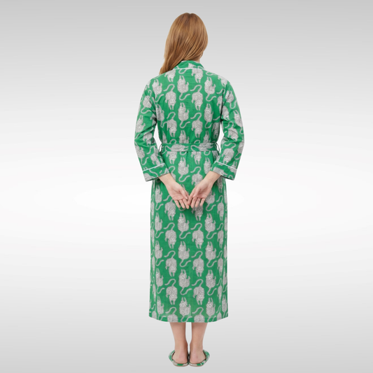 Green Spirit Tiger women's cotton Tibetan kimono. Emerald green lightweight
cotton robe with illustrated tiger motifs for loungewear.