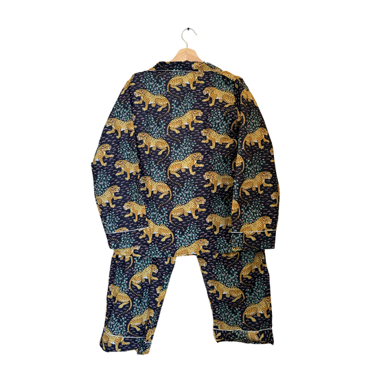 Women’s Navy Blue Leopard Print Cotton Night Suit Set – Elegant Two Piece Pajama Set