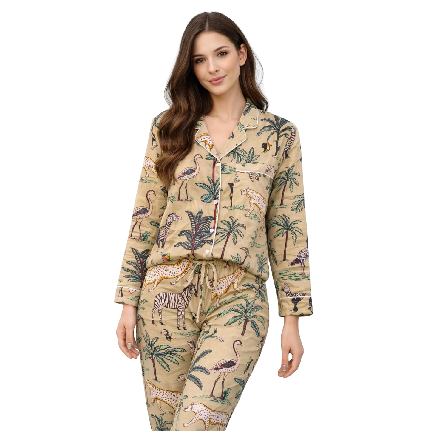 Women's Beige Safari Cotton Night Suit Set – Elegant Two Piece Pajama Set