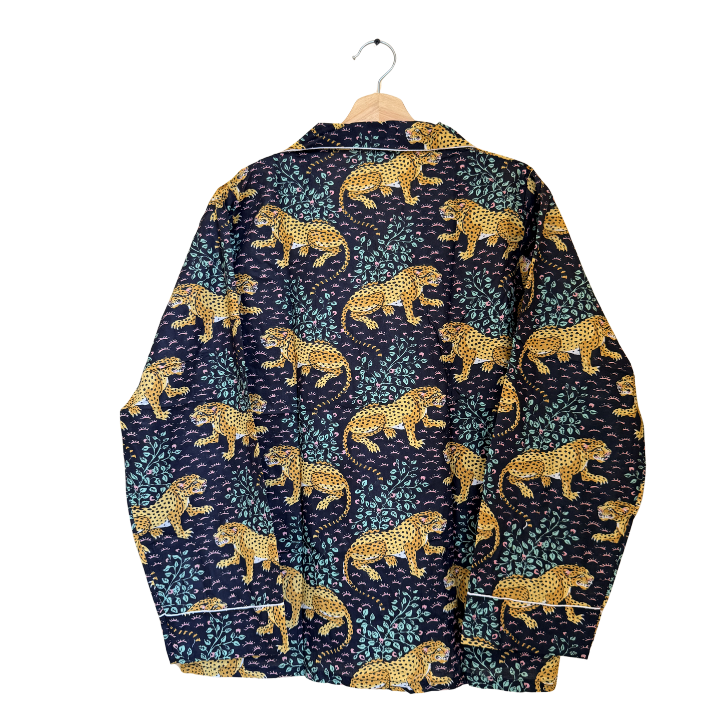 Women’s Navy Blue Leopard Print Cotton Night Suit Set – Elegant Two Piece Pajama Set