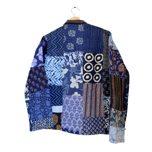 Midnight Indigo – Long Blue Patchwork Cotton Quilted Reversible Jacket
