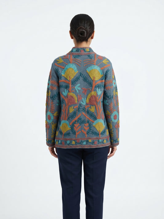Women's Grey Suzani Reversible Jacket – Artistic Embroidered Statement Jacket