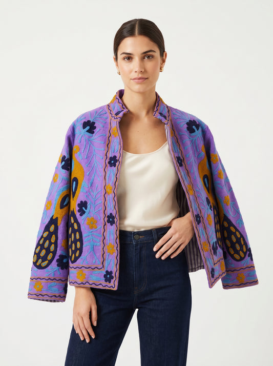 Women's Blue Suzani Reversible Jacket – Artistic Embroidered Statement Jacket