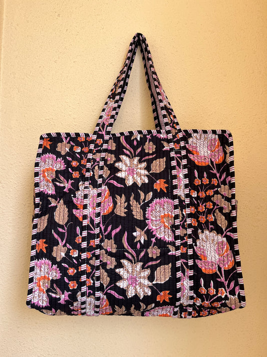 Black Floral Printed Tote & Utility Pouch Set