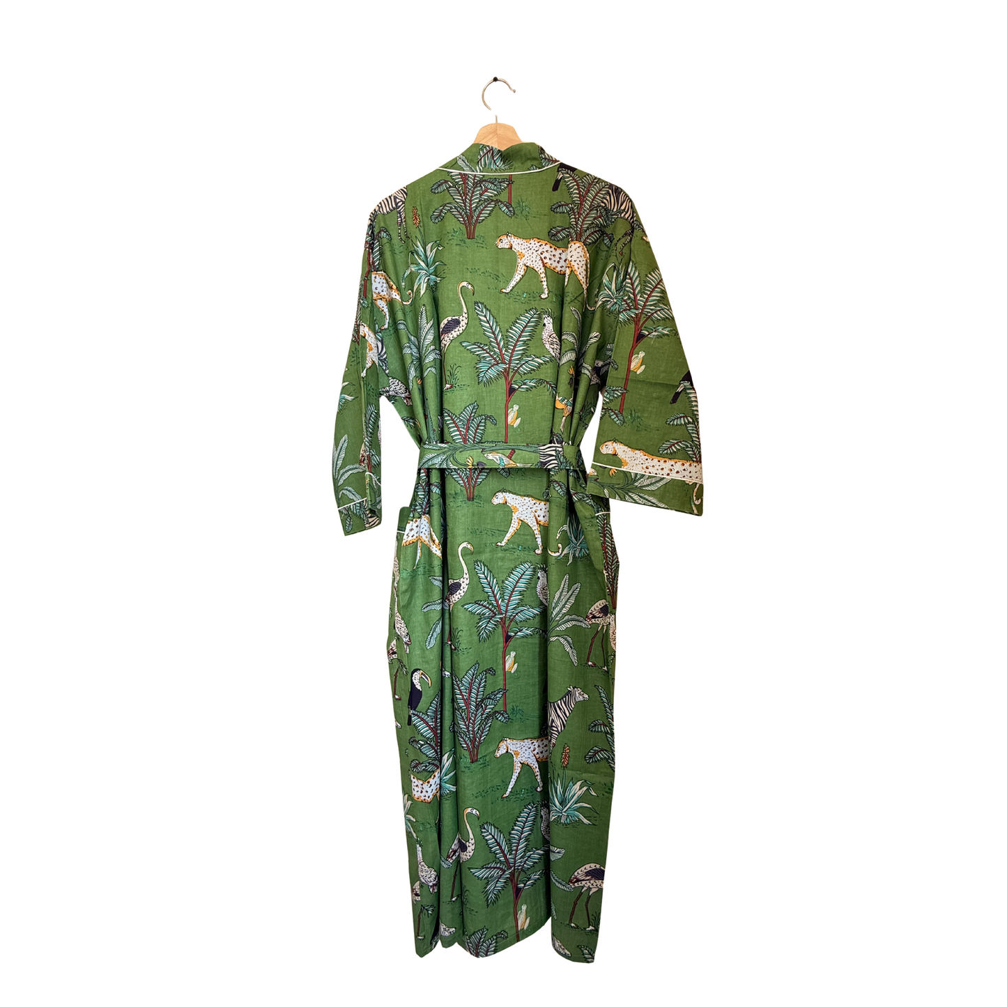 Green safari print women's cotton kimono. Olive green
jungle animal and botanical motif lightweight cotton lounge robe.