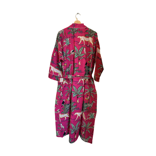 Pink safari print women's cotton kimono robe. Playful jungle
animal and tropical safari print lightweight pink housecoat.