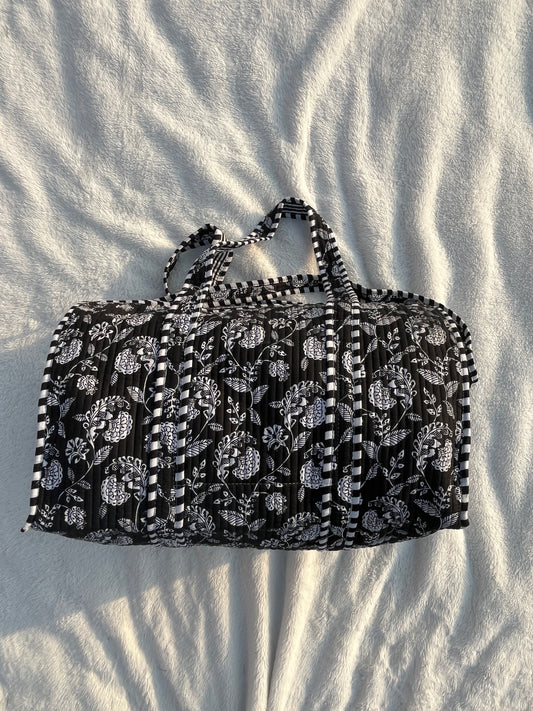 Black Floral Print Quilted Cotton Duffle Bag – Lightweight Travel Weekender