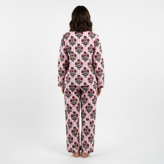 Women’s Pink Mini Flower Bunch Print Cotton Night Suit Set – Elegant Two Piece Pajama Set