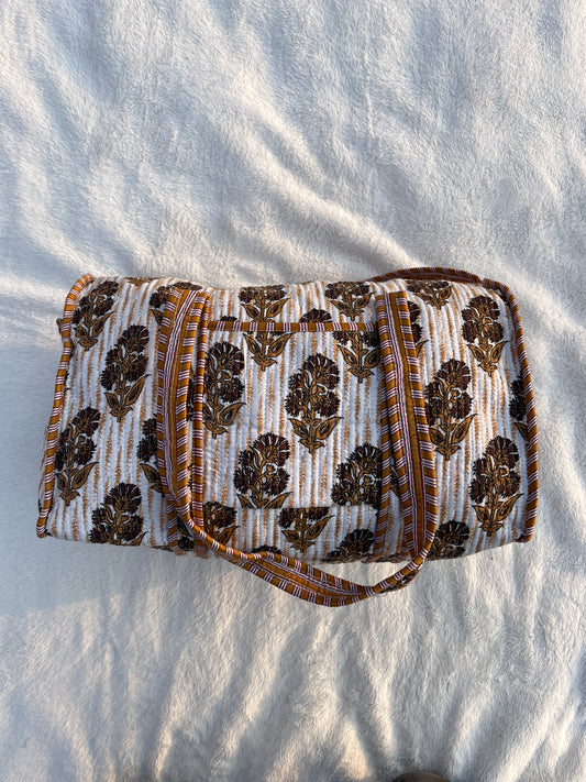 Brown-Orange Floral Print Quilted Cotton Duffle Bag – Lightweight Travel Weekender