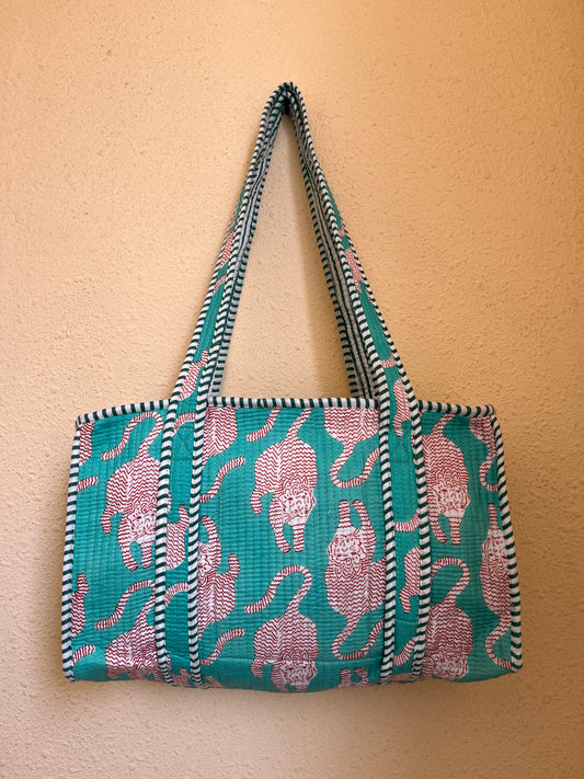 Teal Tiger Quilted Mini Tote Bag 10X12