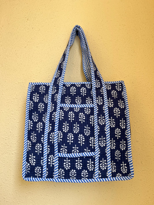 Blue White floral – Quilted Mini Tote Bag 12X12
