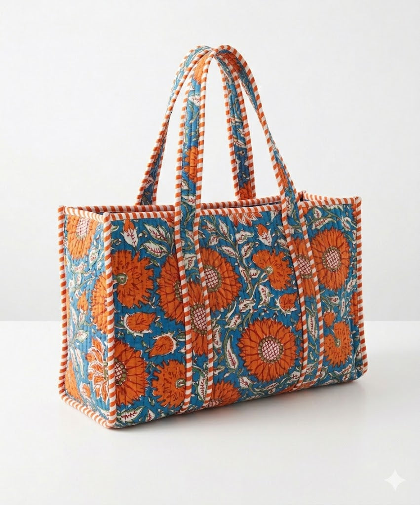 Blue Orange Floral Quilted Mini Tote Bag 10X14