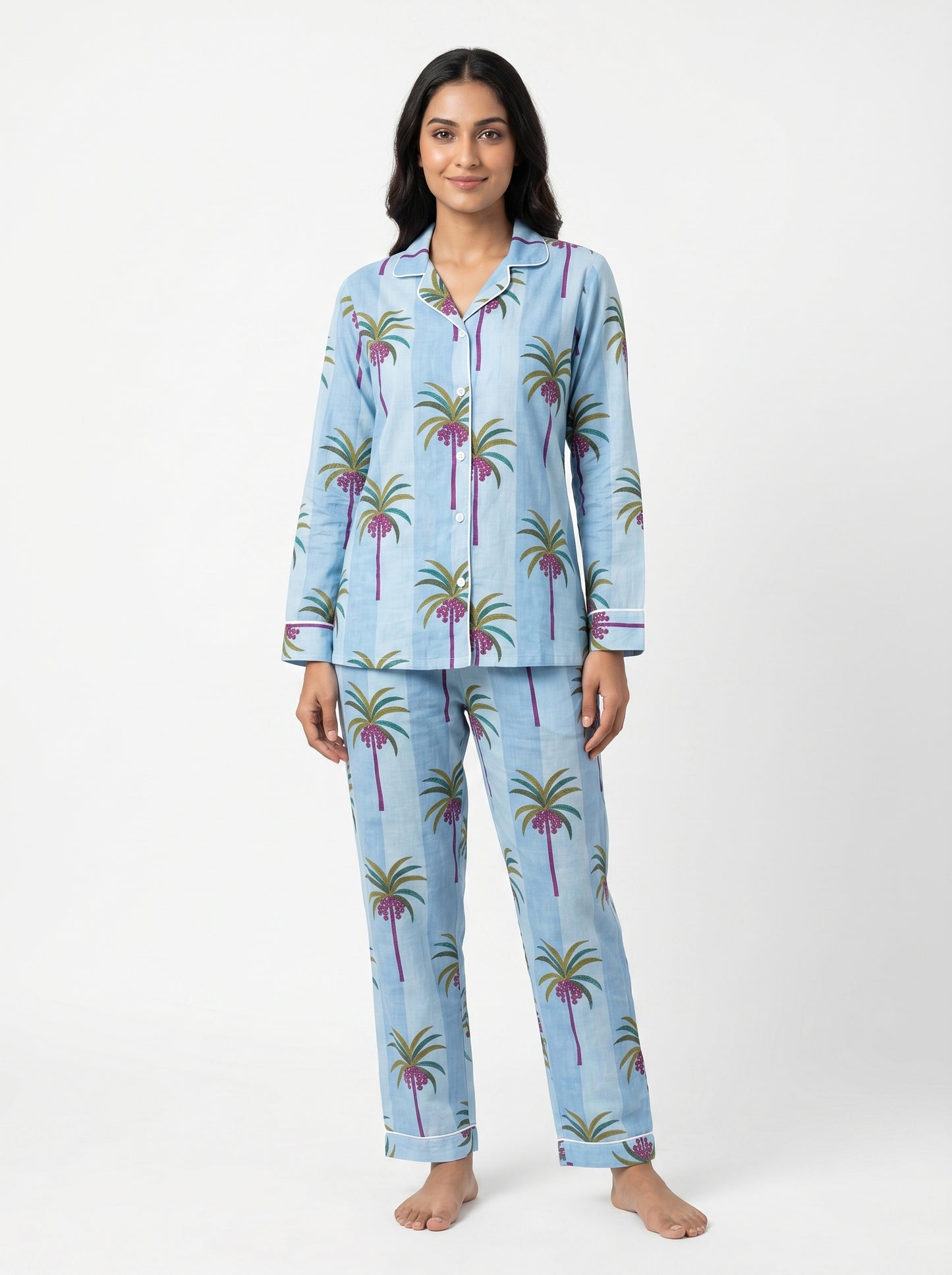 Women's Blue Palm Tree Print Cotton Night Suit Set – Elegant Two Piece Pajama Set