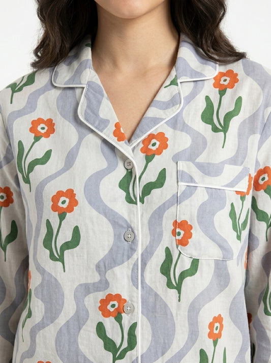 Women’s Orange Citrus Bloom Cotton Night Suit Set – Elegant Two Piece Pajama Set