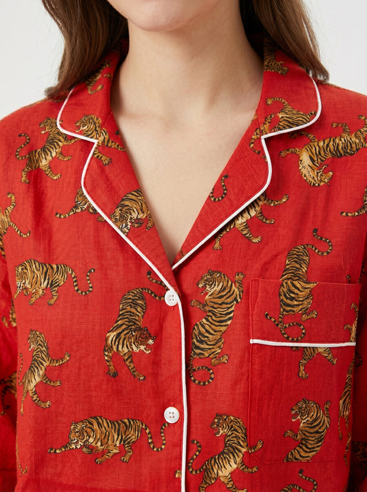 Women's Red Tiger Dreams Cotton Night Suit Set – Elegant Two Piece Pajama Set