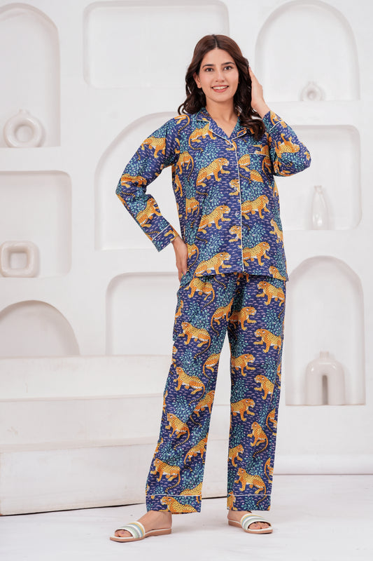 Women's Midnight Blue Leopard – Elegant Two Piece Cotton Pajama Set