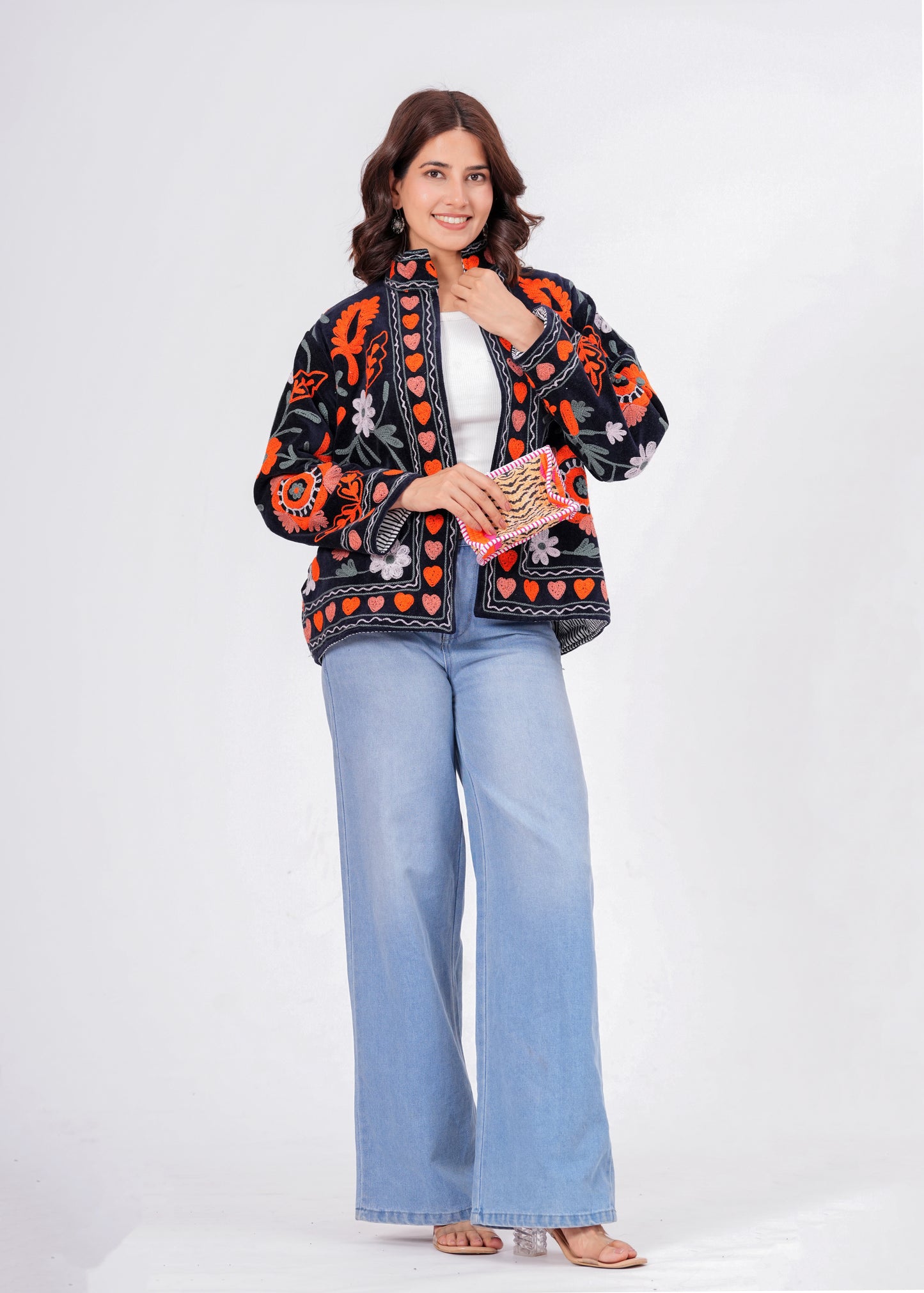 Women's Black Suzani Reversible Jacket – Boho Floral Embroidered Statement Jacket