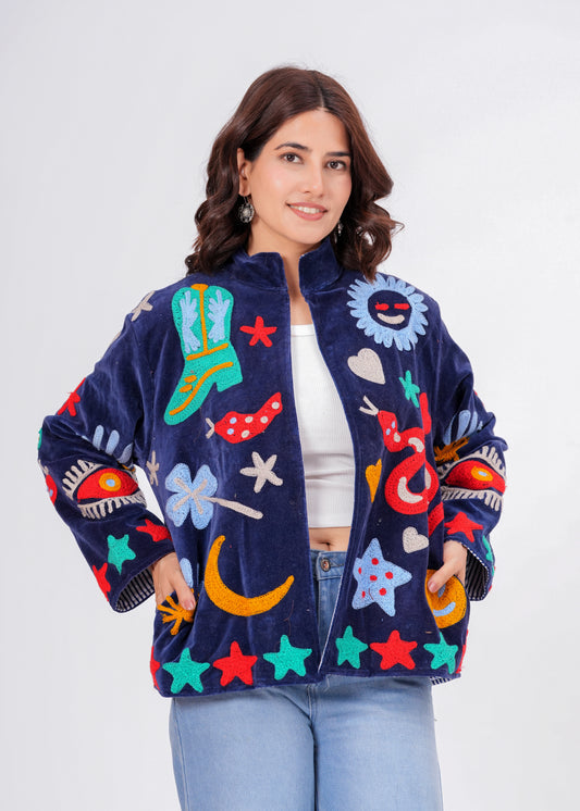 Women's Navy Blue Suzani Reversible Jacket – Artistic Embroidered Statement Jacket