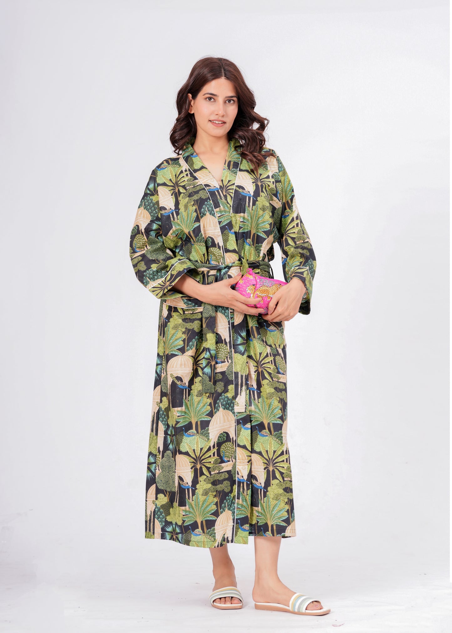Peacock Grace women's cotton enchanted jungle kimono. Elegant floral
and peacock pattern printed cotton robe for lounging.