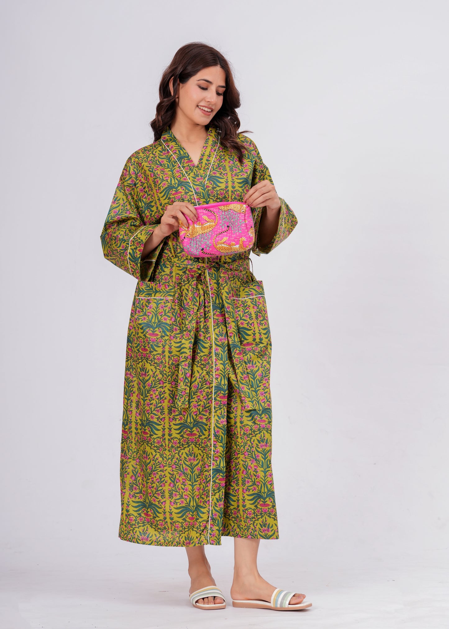 Women's Botanical Floral Cotton Lounge Robe – Long Wrap Robe with Belt