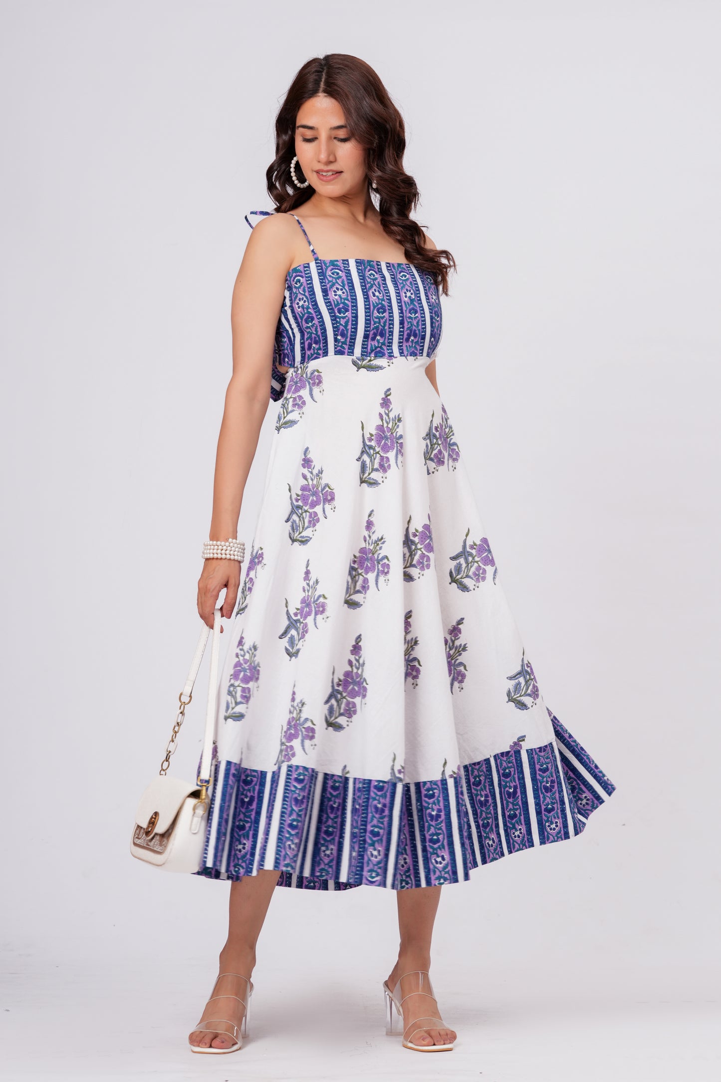 Women’s Floral Printed Midi Dress – Sleeveless Cotton Summer Dress with Blue Pattern