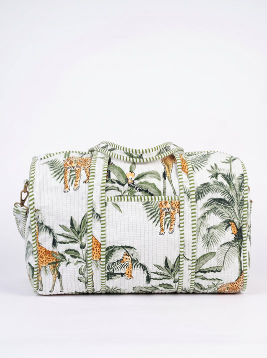 White Jungle Muse Quilted Cotton Duffle Bag – Lightweight Travel Weekender