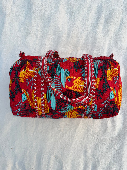 Red Floral Tiger Print Quilted Cotton Duffle Bag – Lightweight Travel Weekender
