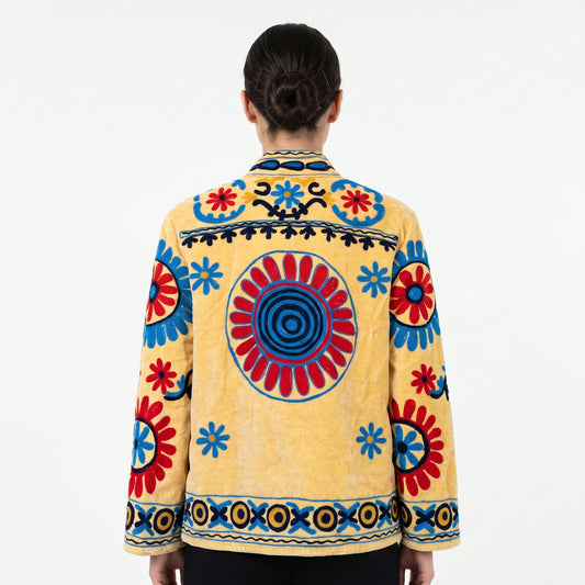 Women's Yellow Suzani Reversible Jacket – Artistic Embroidered Statement Jacket