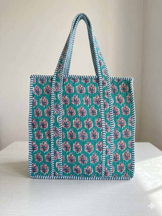 Mint Blue Floral-1 Quilted Mini Tote Bag 14X14
