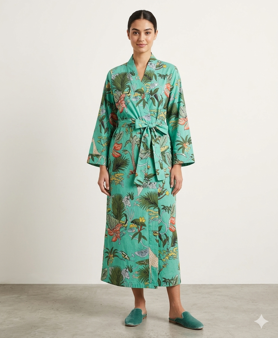 Teal Jungle – Women’s Cotton Kimono