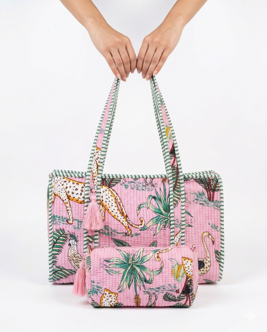 Pink Safari Quilted Tote & Pouch Set