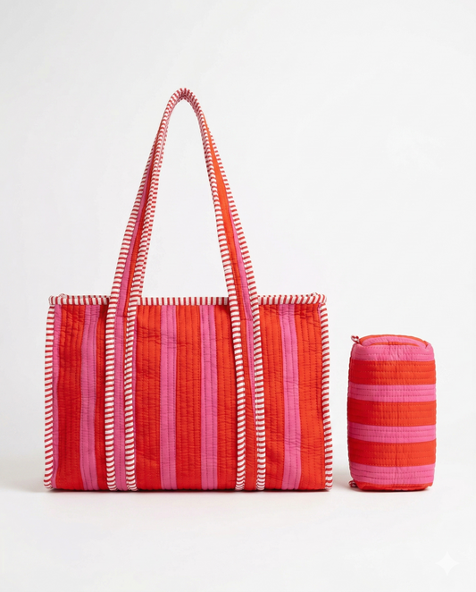 Orange pink stripes – Quilted Tote & Pouch Set