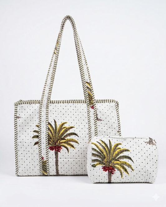 Palm Paradise – White Quilted Tote & Pouch Set