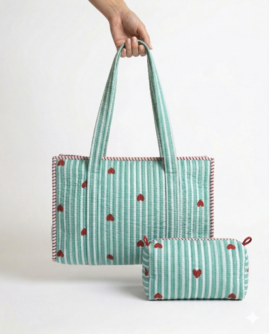 Heart Riot – Mint Green Quilted Tote & Pouch Set