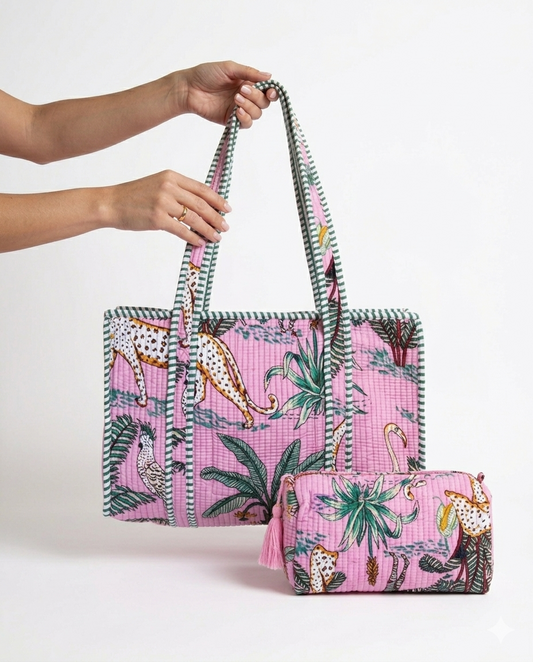 Pink Safari Quilted Medium Tote & Pouch Set