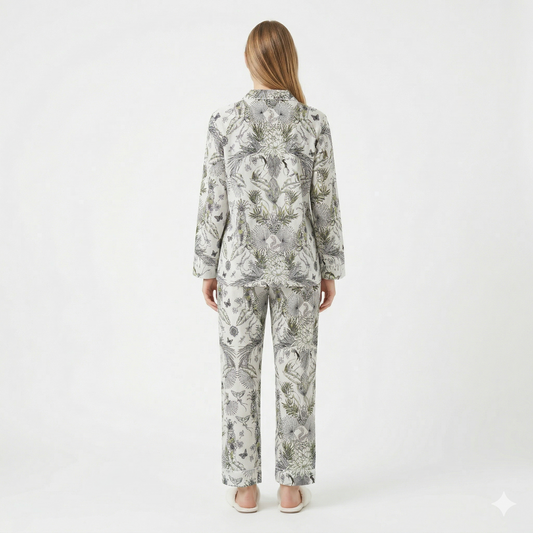 Women's White Jungle With Green Hue Print Cotton Night Suit Set – Elegant Two Piece Pajama Set