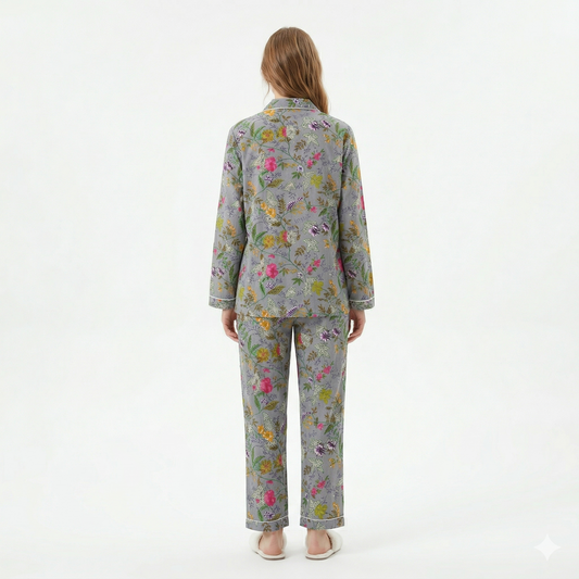 Women's Grey Garden Whispers Cotton Night Suit Set – Elegant Two Piece Pajama Set